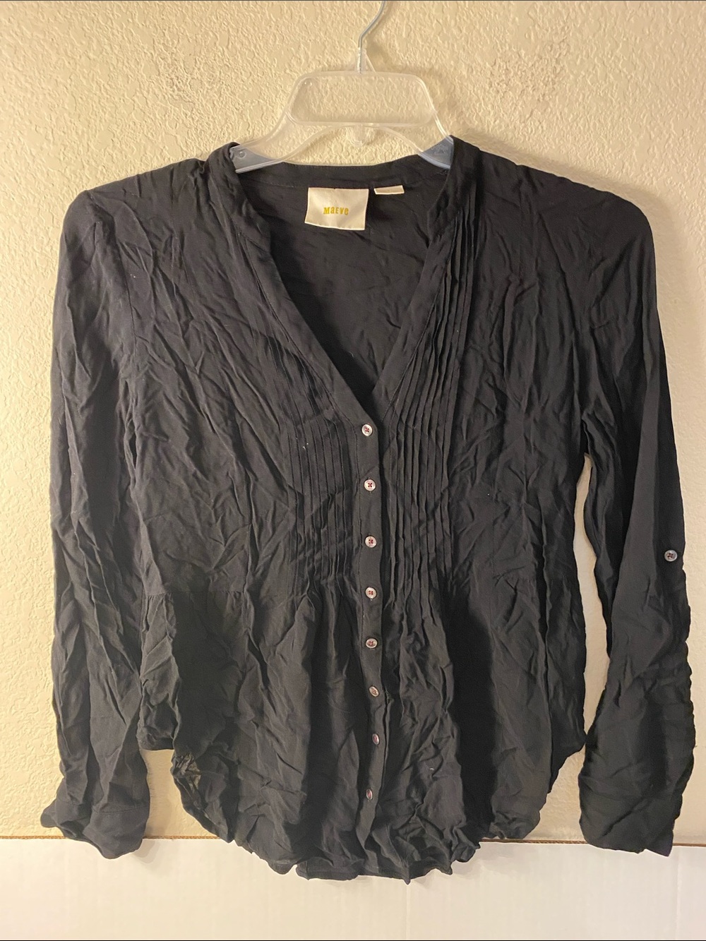 Maeve Black Button-Down Pleated V-Neck Shirt